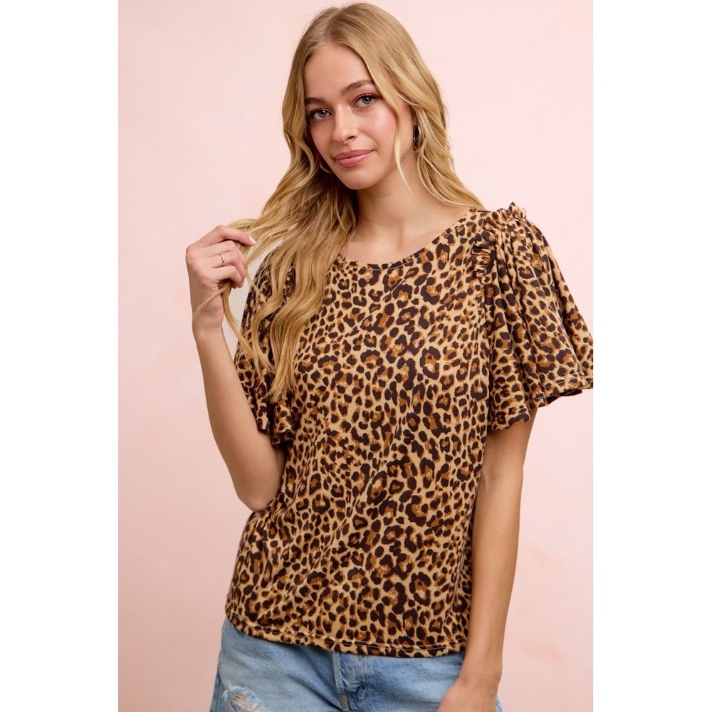 BiBi Leopard‎ Printed Spandex Jersey Ruffle Sleeve Top - Large